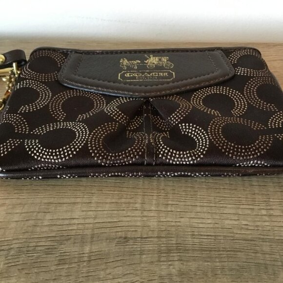 Coach Madison Brown Satin Fabric Wristlet Leather Trim Horse & Carriage Emblem - Picture 4 of 8